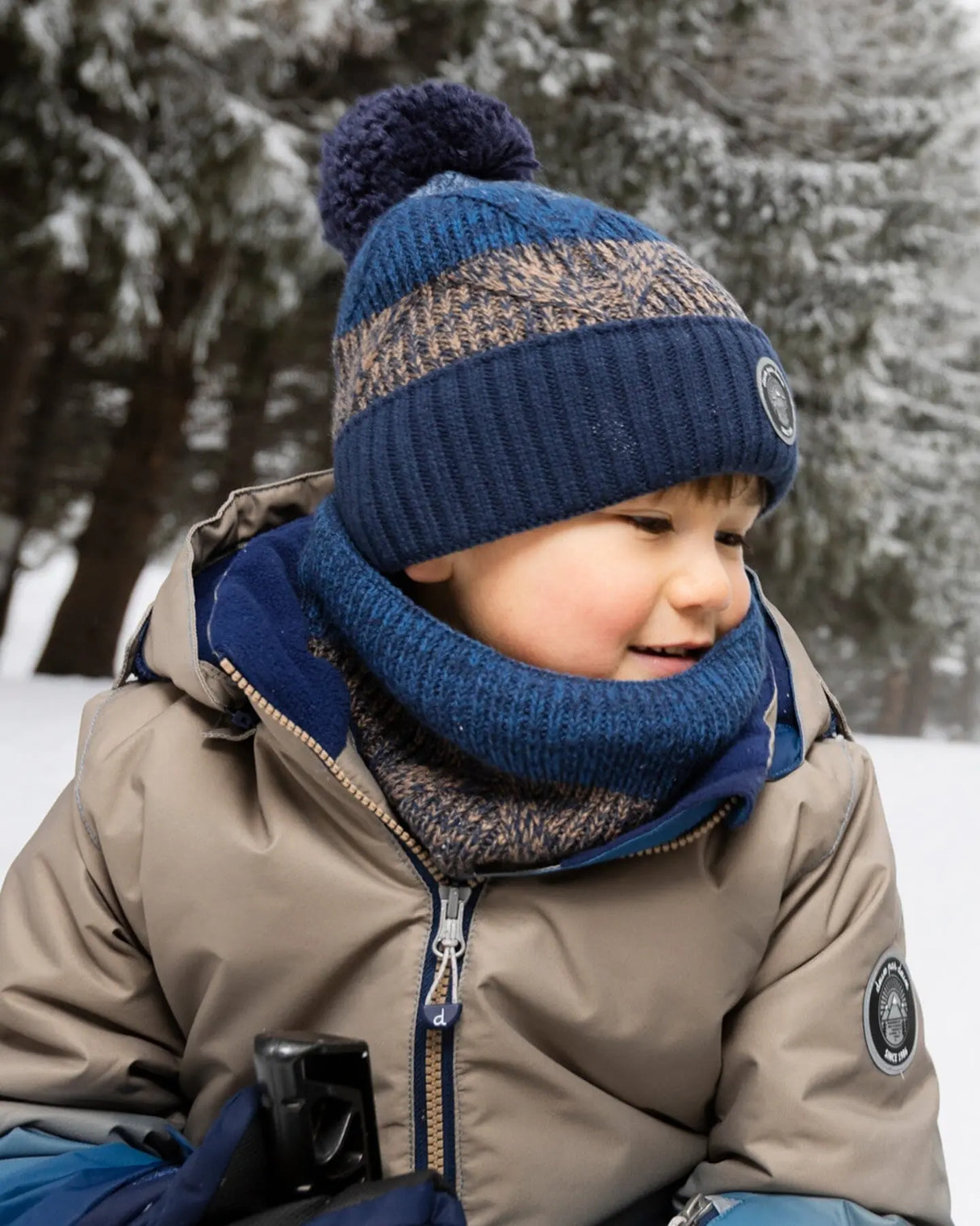Lined Knit Pompom Hat Taupe And Navy | Deux par Deux | Jenni Kidz