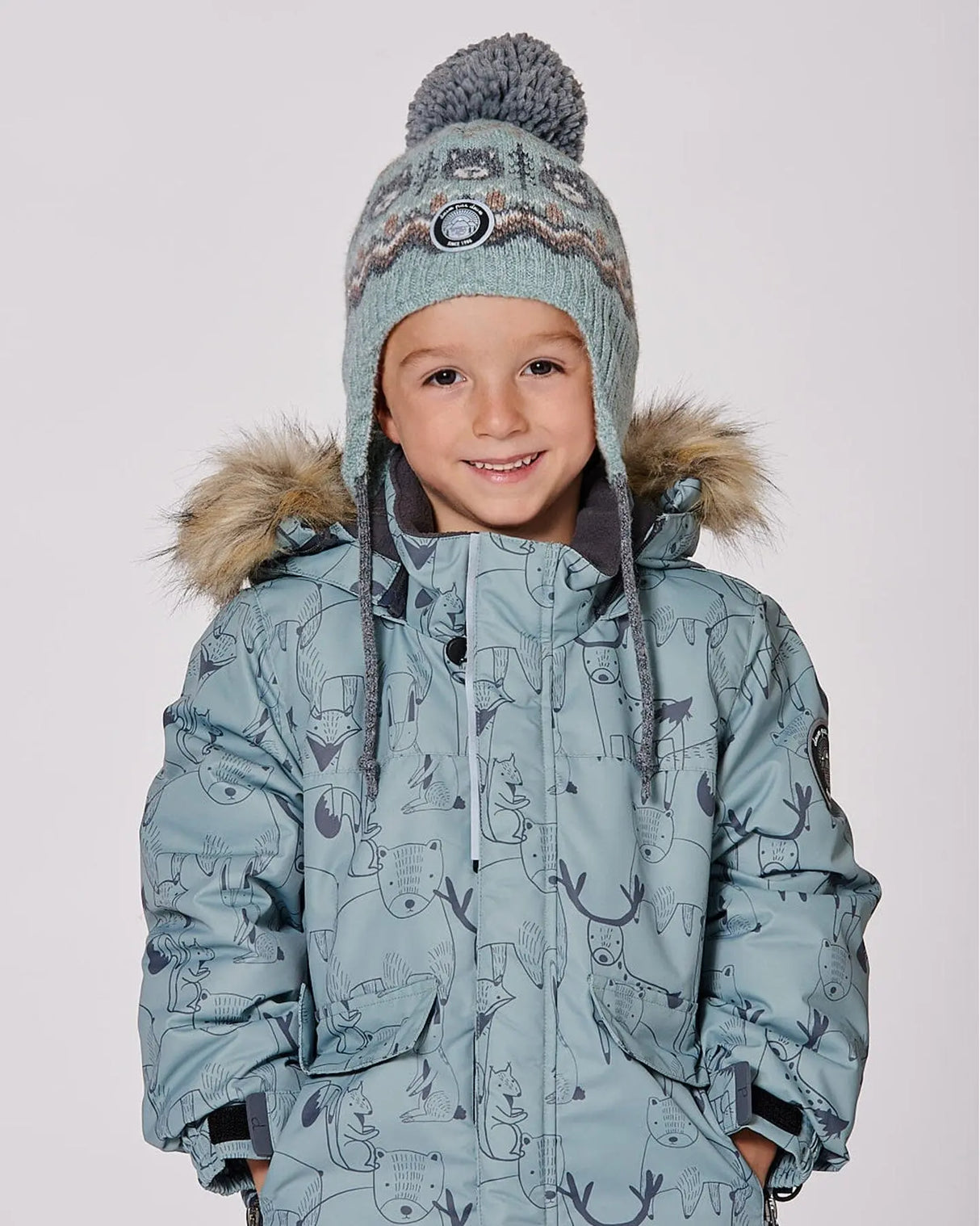 Lined Peruvian Knit Pompom Hat Gray And Sage | Deux par Deux | Jenni Kidz