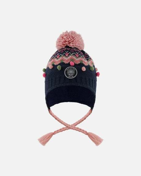 Lined Peruvian Knit Pompom Hat Navy Blue And Pink | Deux par Deux | Jenni Kidz