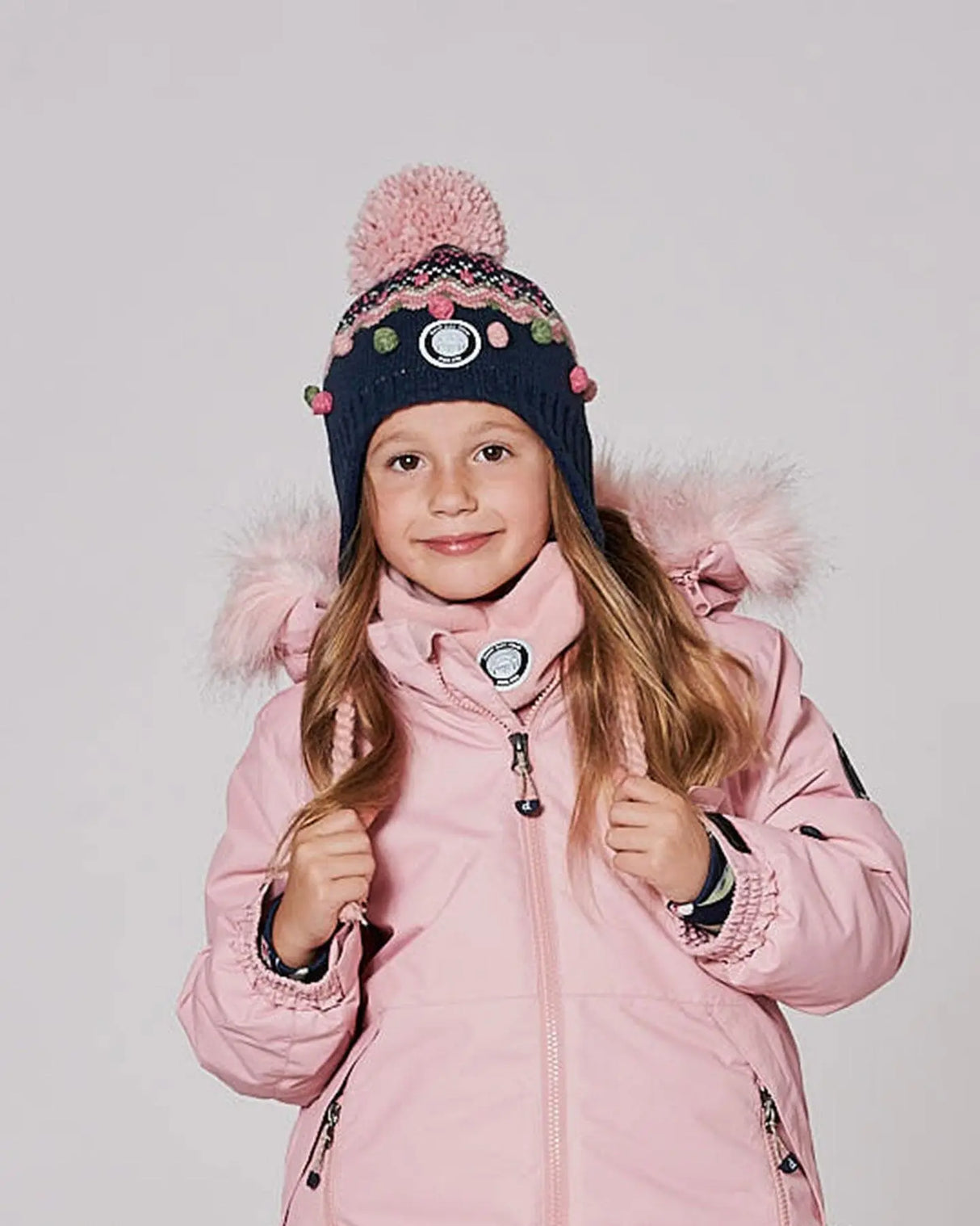 Lined Peruvian Knit Pompom Hat Navy Blue And Pink | Deux par Deux | Jenni Kidz