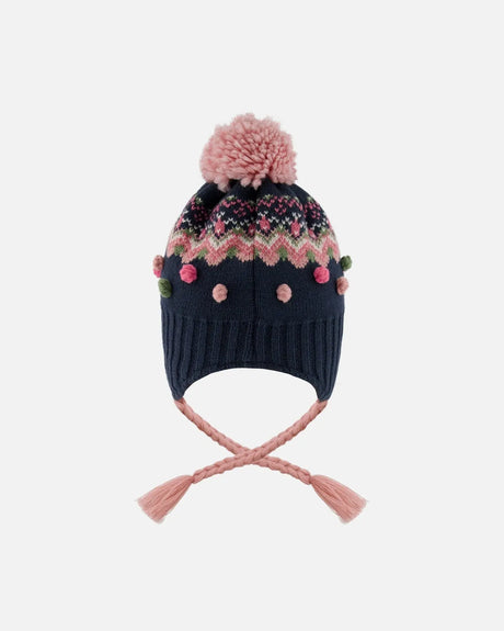 Lined Peruvian Knit Pompom Hat Navy Blue And Pink | Deux par Deux | Jenni Kidz
