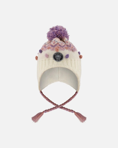 Lined Peruvian Knit Pompom Hat Off-White And Lilac | Deux par Deux | Jenni Kidz