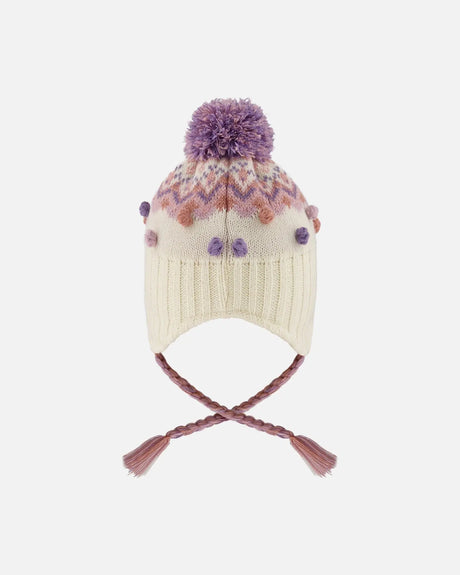 Lined Peruvian Knit Pompom Hat Off-White And Lilac | Deux par Deux | Jenni Kidz