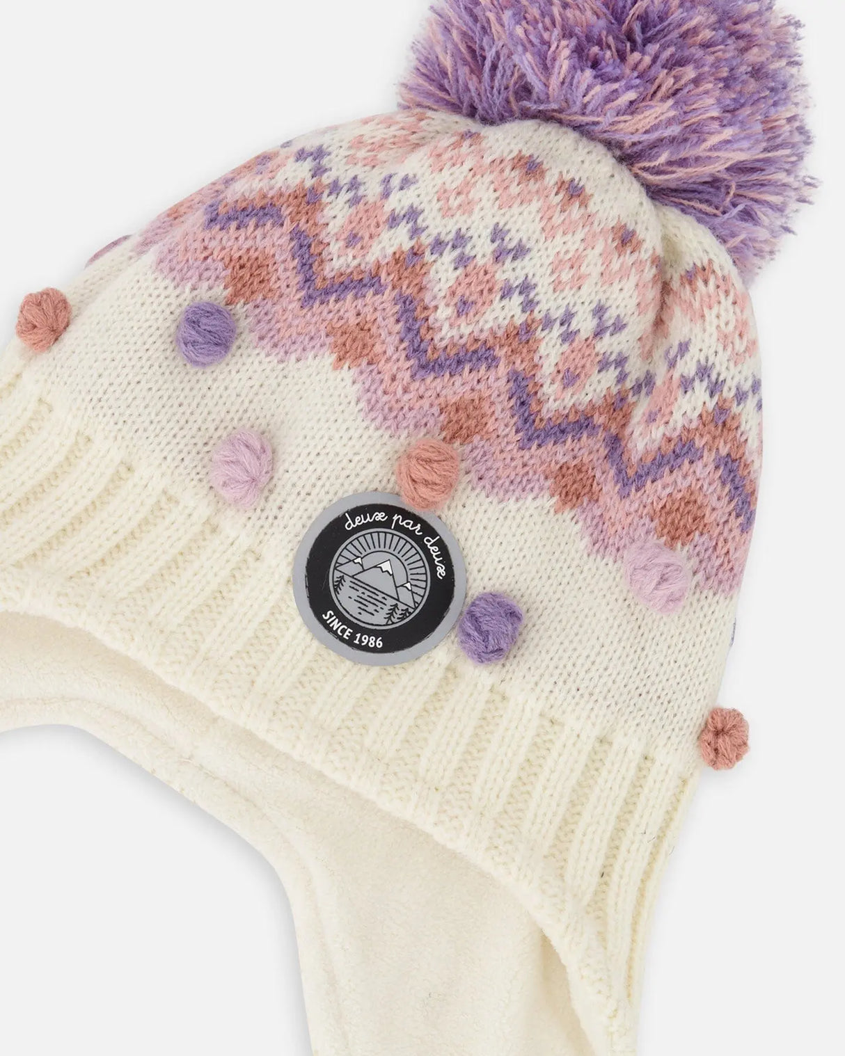 Lined Peruvian Knit Pompom Hat Off-White And Lilac | Deux par Deux | Jenni Kidz