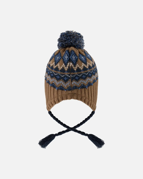 Lined Peruvian Knit Pompom Hat Taupe And Navy | Deux par Deux | Jenni Kidz