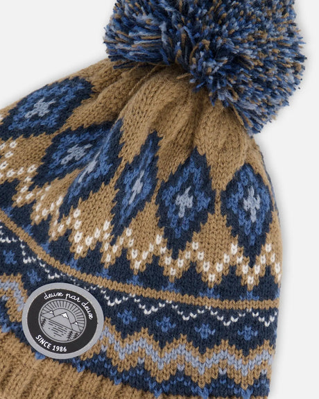 Lined Peruvian Knit Pompom Hat Taupe And Navy | Deux par Deux | Jenni Kidz
