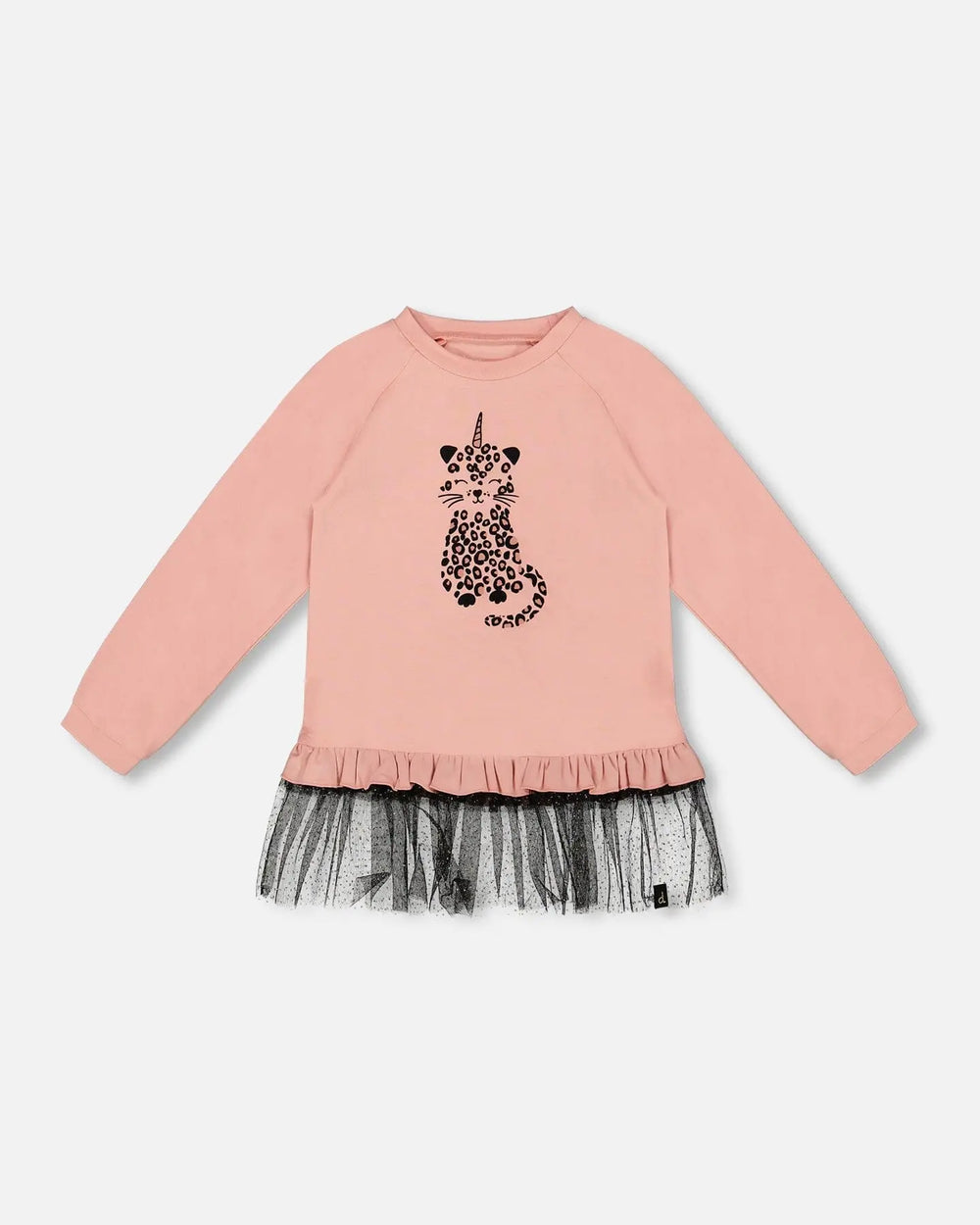 Long Bi-Material Top Dusty Pink With Mesh Ruffle Hem And Leopard Print | Deux par Deux | Jenni Kidz