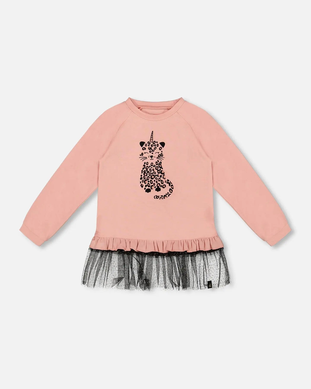 Long Bi-Material Top Dusty Pink With Mesh Ruffle Hem And Leopard Print | Deux par Deux | Jenni Kidz