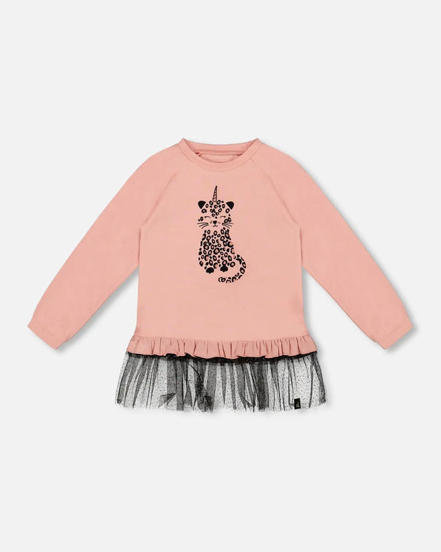 Long Bi-Material Top Dusty Pink With Mesh Ruffle Hem And Leopard Print | Deux par Deux | Jenni Kidz