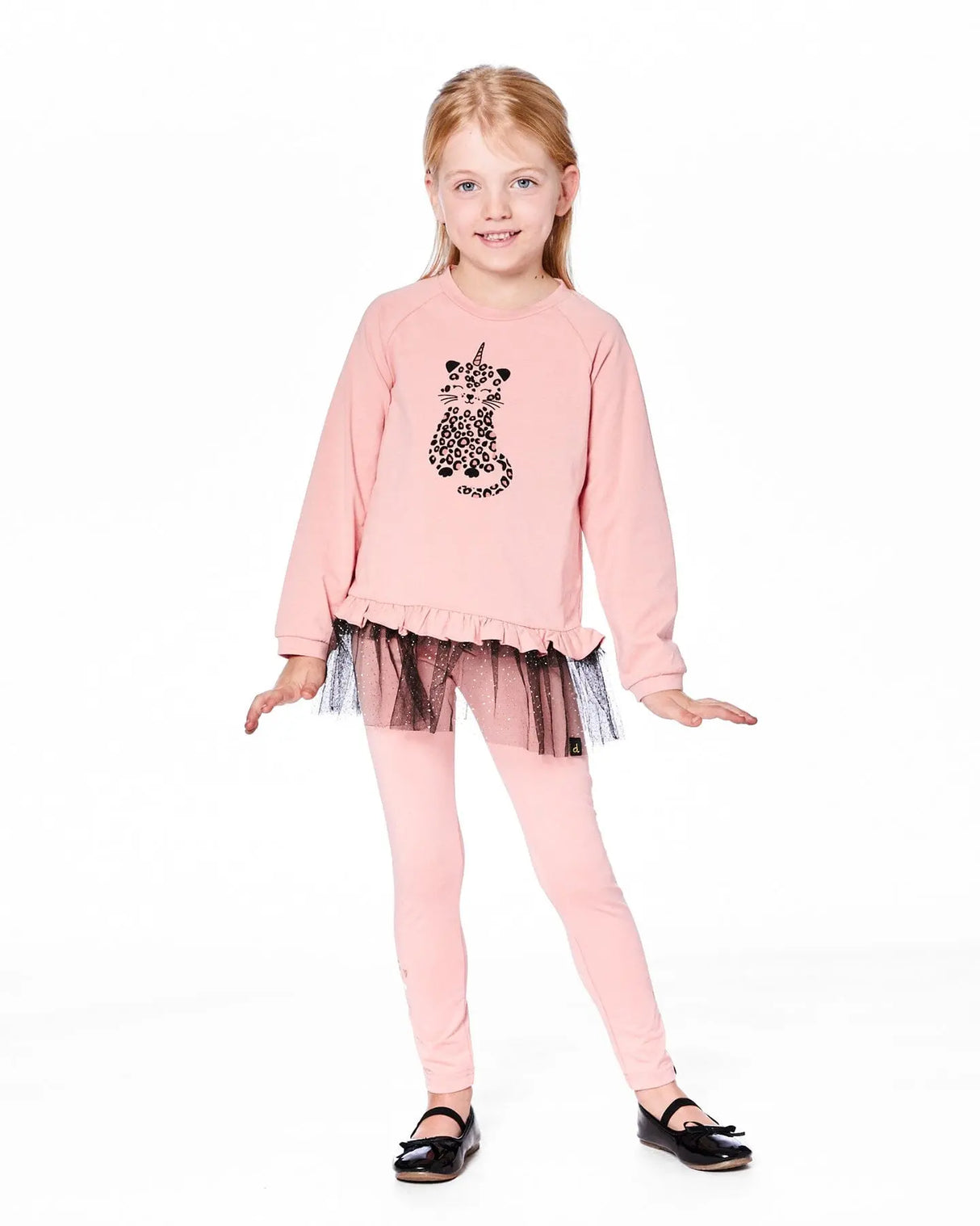 Long Bi-Material Top Dusty Pink With Mesh Ruffle Hem And Leopard Print | Deux par Deux | Jenni Kidz