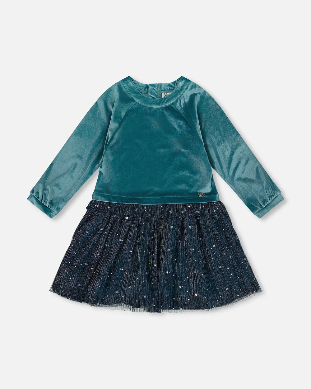 Long Sleeve Bi-Material Velvet And Pleated Mesh Dress Teal Blue | Deux par Deux | Jenni Kidz