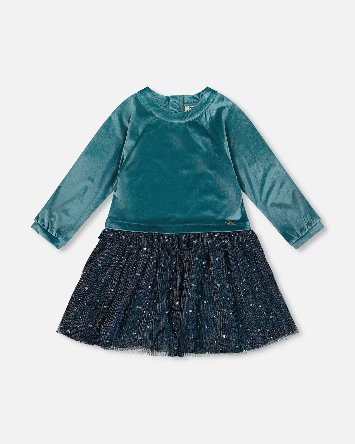 Long Sleeve Bi-Material Velvet And Pleated Mesh Dress Teal Blue | Deux par Deux | Jenni Kidz