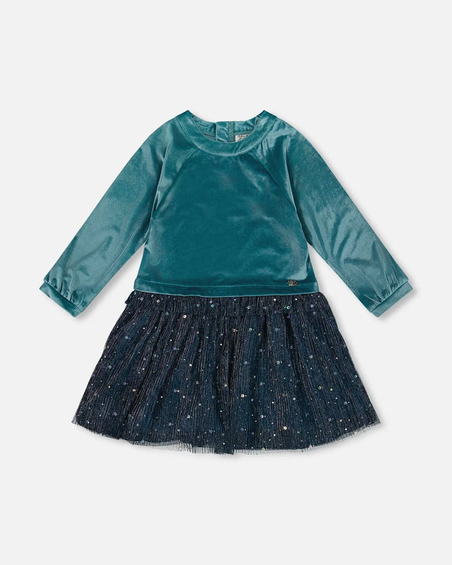 Long Sleeve Bi-Material Velvet And Pleated Mesh Dress Teal Blue | Deux par Deux | Jenni Kidz