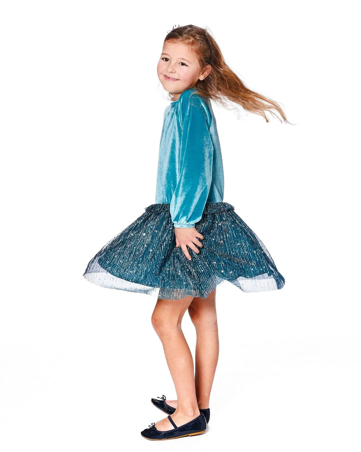 Long Sleeve Bi-Material Velvet And Pleated Mesh Dress Teal Blue | Deux par Deux | Jenni Kidz