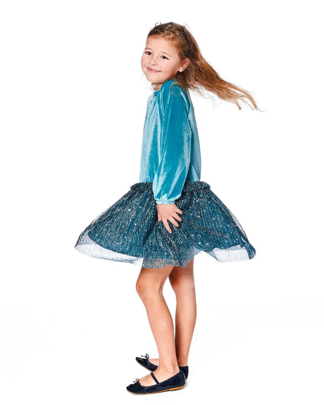 Long Sleeve Bi-Material Velvet And Pleated Mesh Dress Teal Blue | Deux par Deux | Jenni Kidz
