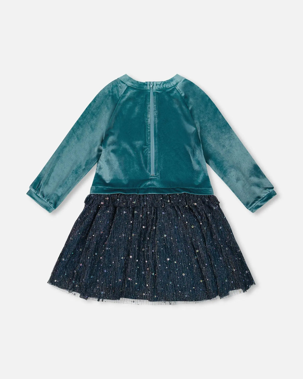 Long Sleeve Bi-Material Velvet And Pleated Mesh Dress Teal Blue | Deux par Deux | Jenni Kidz