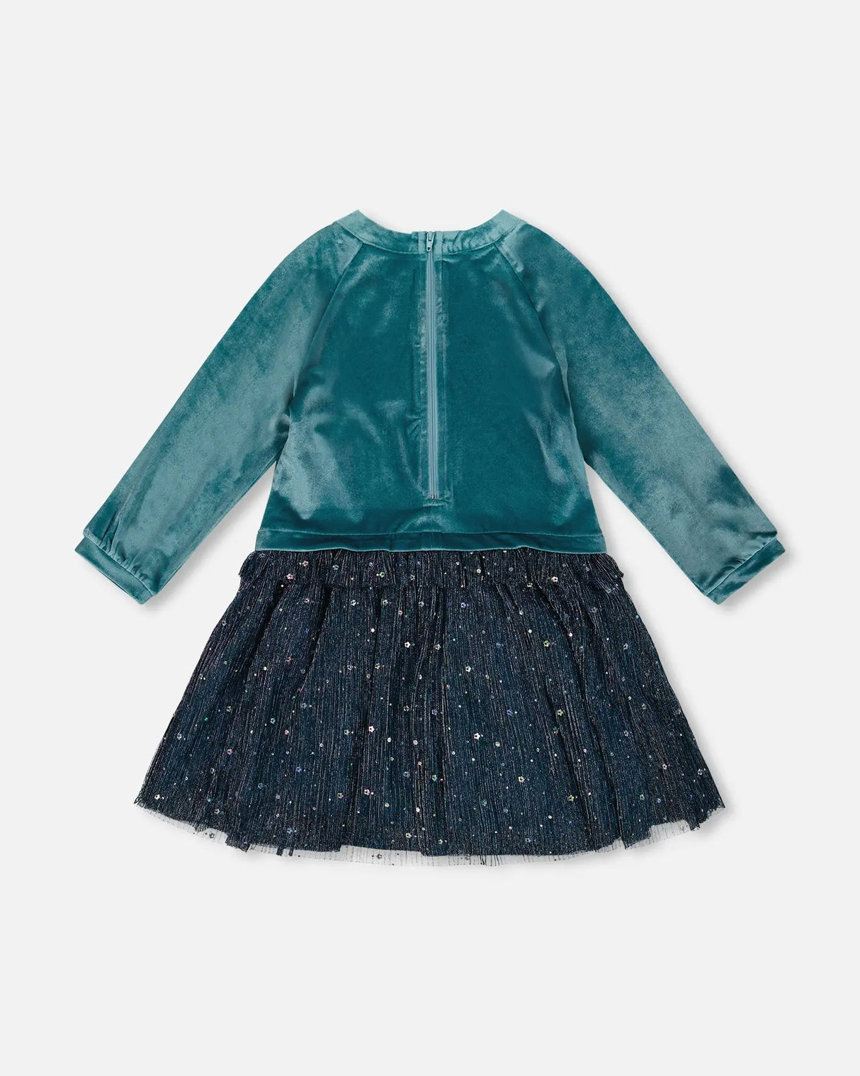 Long Sleeve Bi-Material Velvet And Pleated Mesh Dress Teal Blue | Deux par Deux | Jenni Kidz