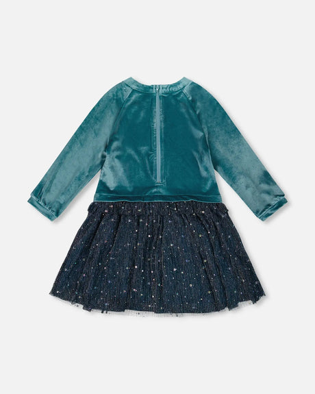 Long Sleeve Bi-Material Velvet And Pleated Mesh Dress Teal Blue | Deux par Deux | Jenni Kidz