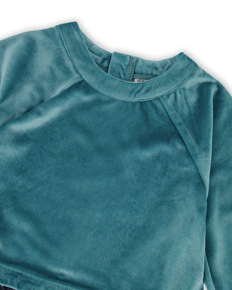 Long Sleeve Bi-Material Velvet And Pleated Mesh Dress Teal Blue | Deux par Deux | Jenni Kidz