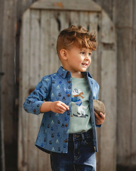 Long Sleeve Button Front Denim Shirt Blue | Deux par Deux | Jenni Kidz