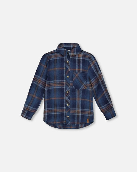 Long Sleeve Flannel Shirt Blue And Brown Plaid | Deux par Deux | Jenni Kidz