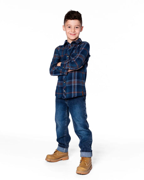 Long Sleeve Flannel Shirt Blue And Brown Plaid | Deux par Deux | Jenni Kidz