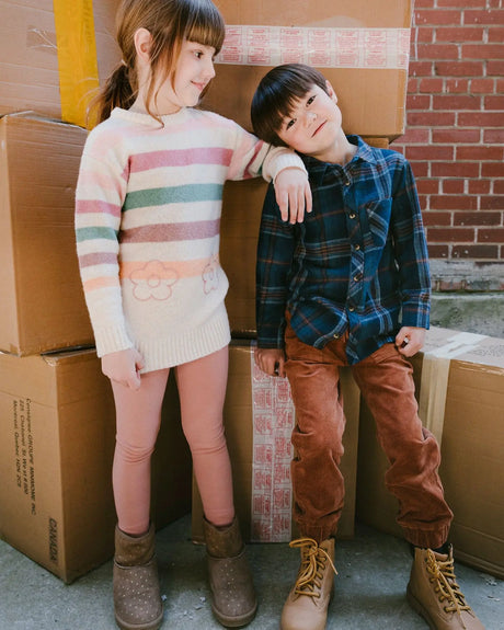 Long Sleeve Flannel Shirt Blue And Brown Plaid | Deux par Deux | Jenni Kidz