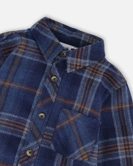 Long Sleeve Flannel Shirt Blue And Brown Plaid | Deux par Deux | Jenni Kidz