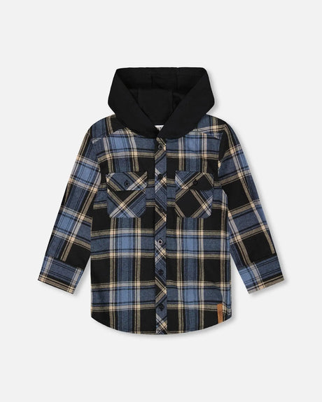 Long Sleeve Hooded Flannel Shirt Blue And Black | Deux par Deux | Jenni Kidz