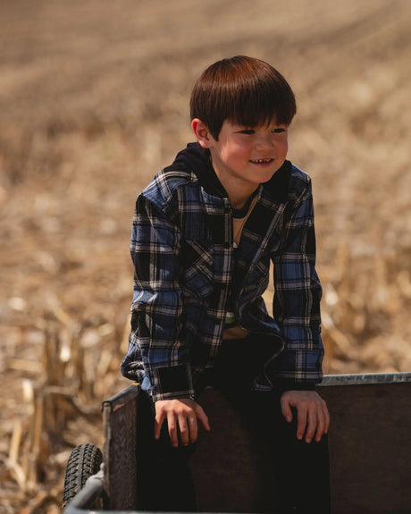 Long Sleeve Hooded Flannel Shirt Blue And Black | Deux par Deux | Jenni Kidz