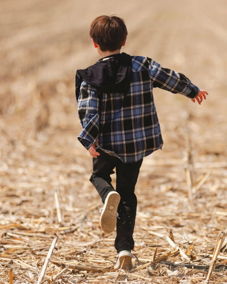 Long Sleeve Hooded Flannel Shirt Blue And Black | Deux par Deux | Jenni Kidz