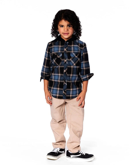 Long Sleeve Hooded Flannel Shirt Blue And Black | Deux par Deux | Jenni Kidz