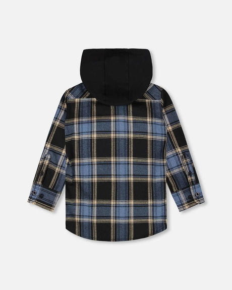 Long Sleeve Hooded Flannel Shirt Blue And Black | Deux par Deux | Jenni Kidz