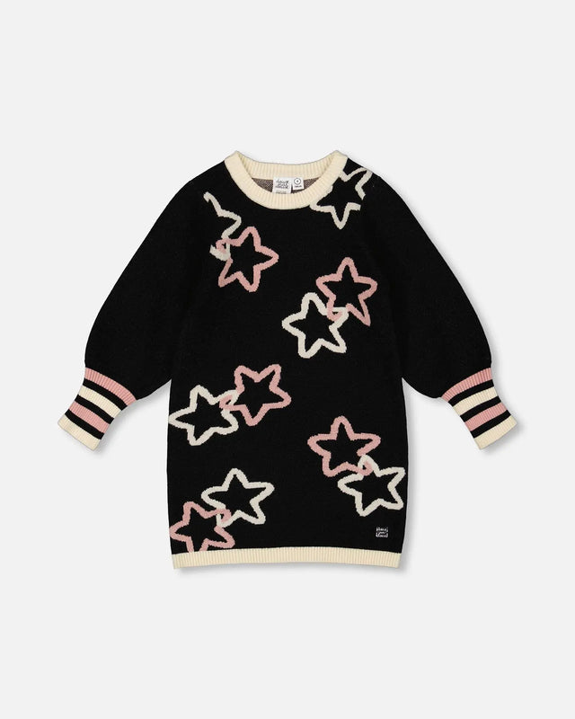 Long Sleeve Knit Dress Black With Stars | Deux par Deux | Jenni Kidz