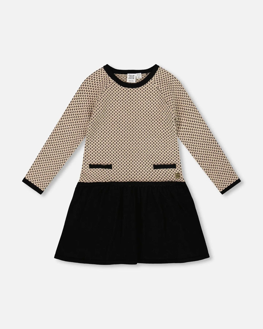 Long Sleeve Knit Sweater Dress Black And Beige | Deux par Deux | Jenni Kidz
