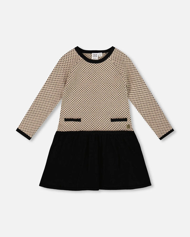 Long Sleeve Knit Sweater Dress Black And Beige | Deux par Deux | Jenni Kidz