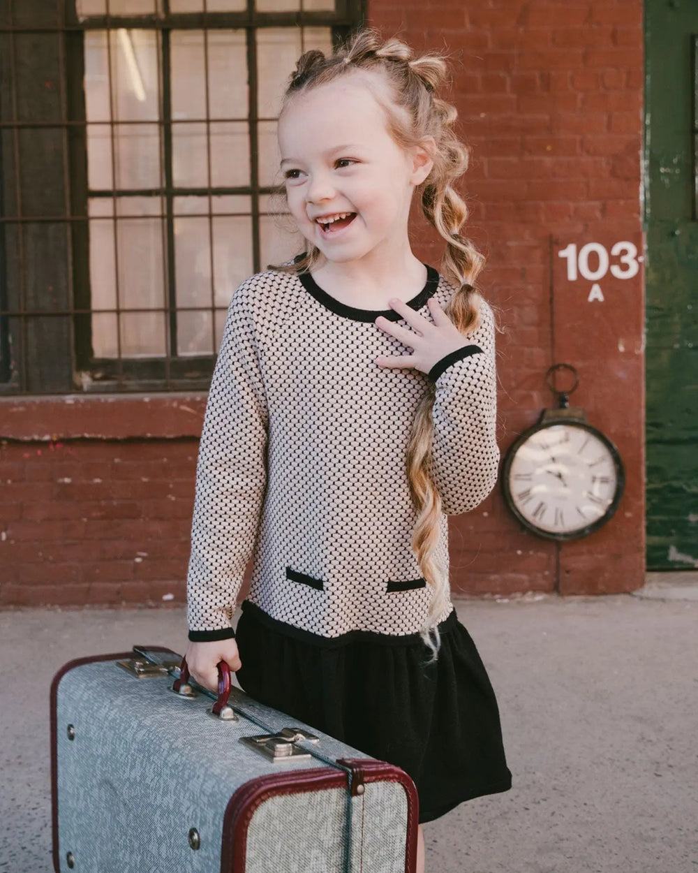 Long Sleeve Knit Sweater Dress Black And Beige | Deux par Deux | Jenni Kidz