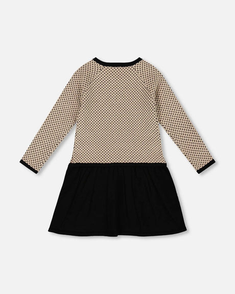 Long Sleeve Knit Sweater Dress Black And Beige | Deux par Deux | Jenni Kidz