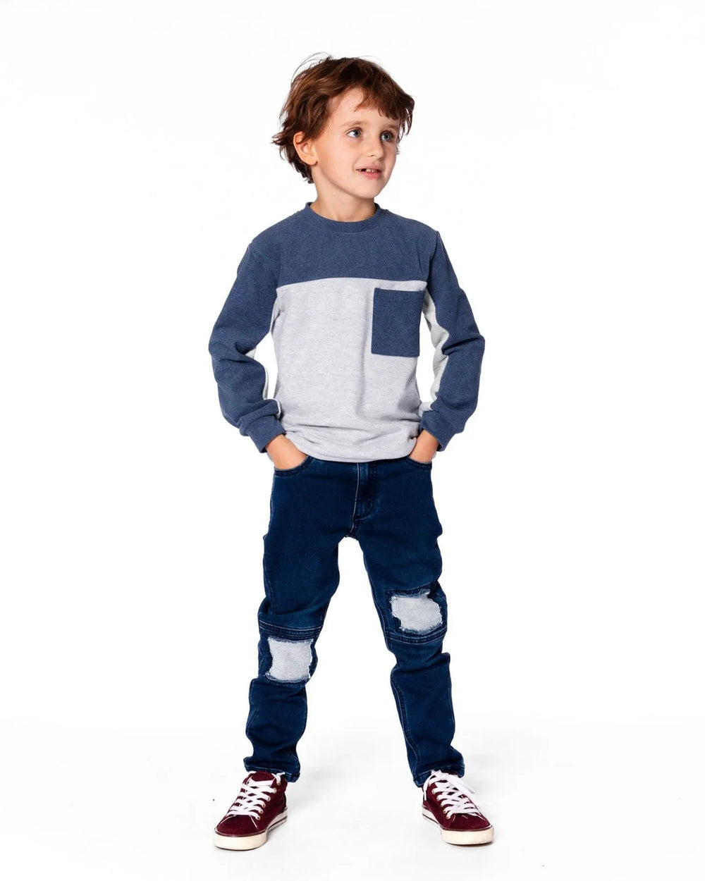 Long Sleeve Super Soft Brushed Jersey Top Color Block Light Heather Gray | Deux par Deux | Jenni Kidz