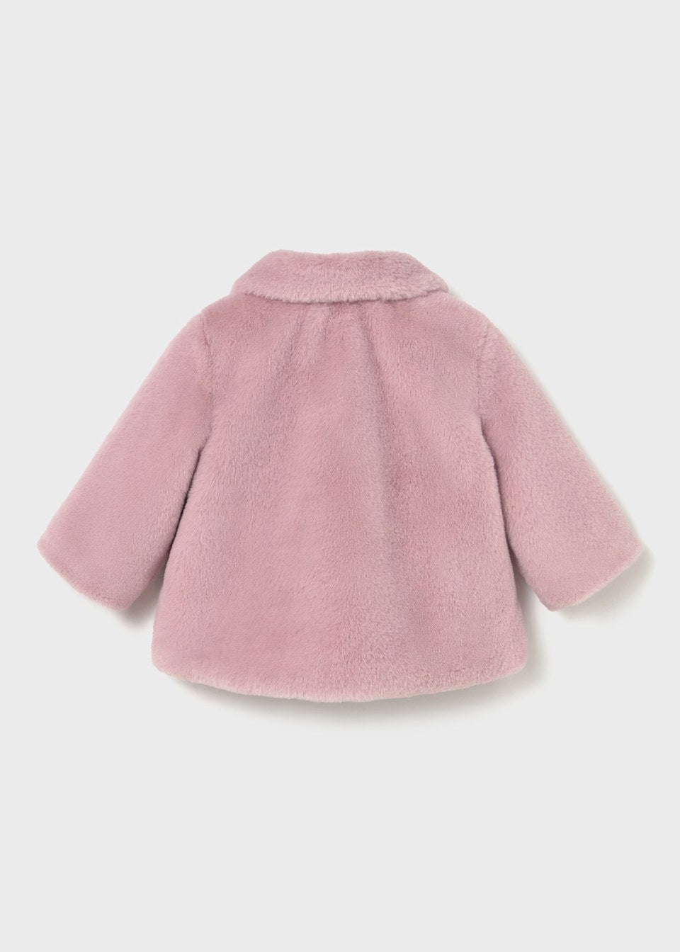 Back view of pink faux-fur coat for baby/toddler with rounded collar and long sleeves.