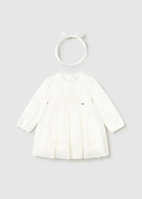 Front view of Mayoral ivory embroidered tulle baby dress with long sleeves and gathered skirt.