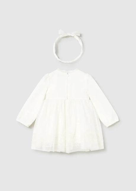 Baby long-sleeve tulle dress in Ivory/White, fully lined with back zip, occasionwear.