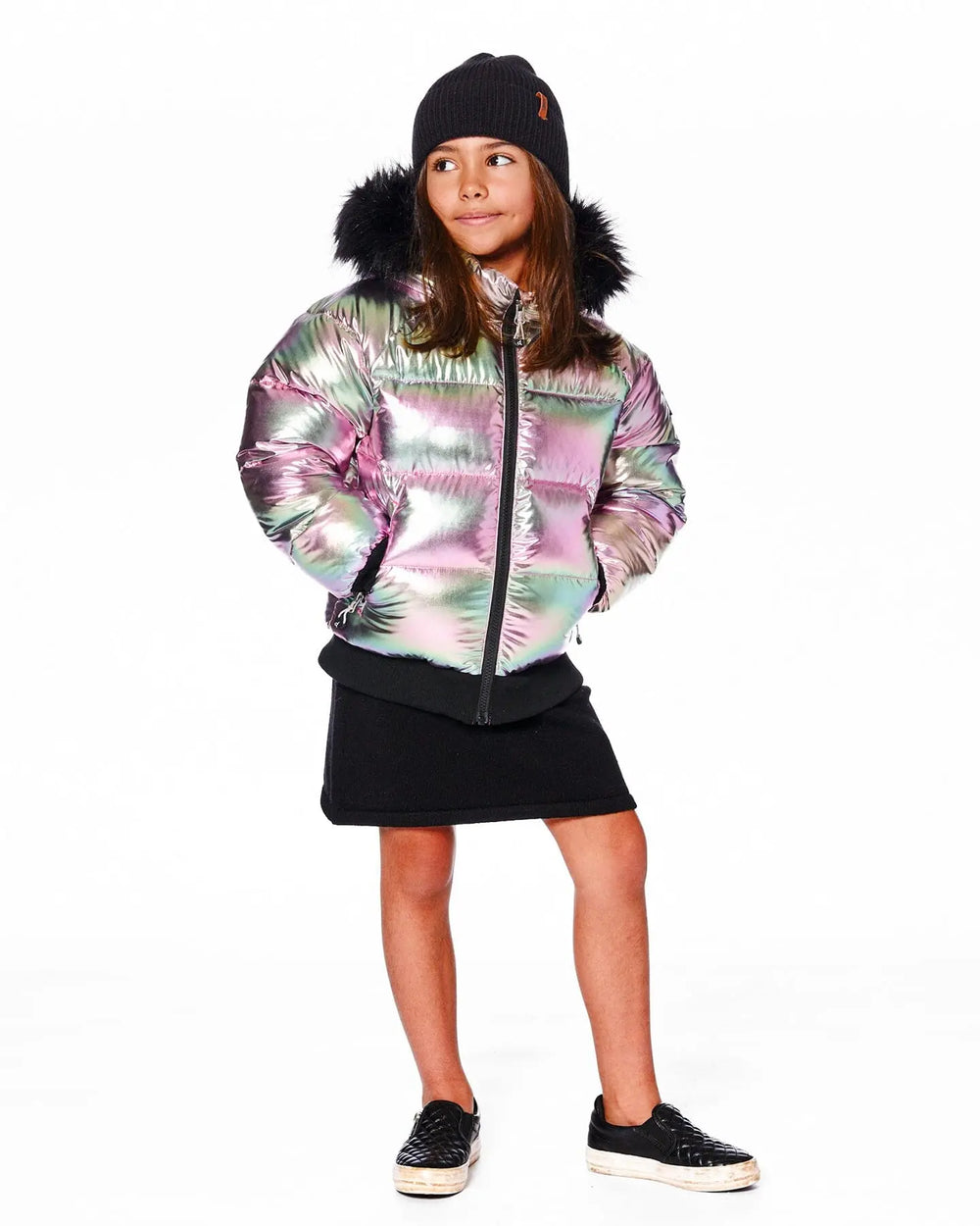 Metallic Puffy Coat Black And Multicolor | Deux par Deux | Jenni Kidz