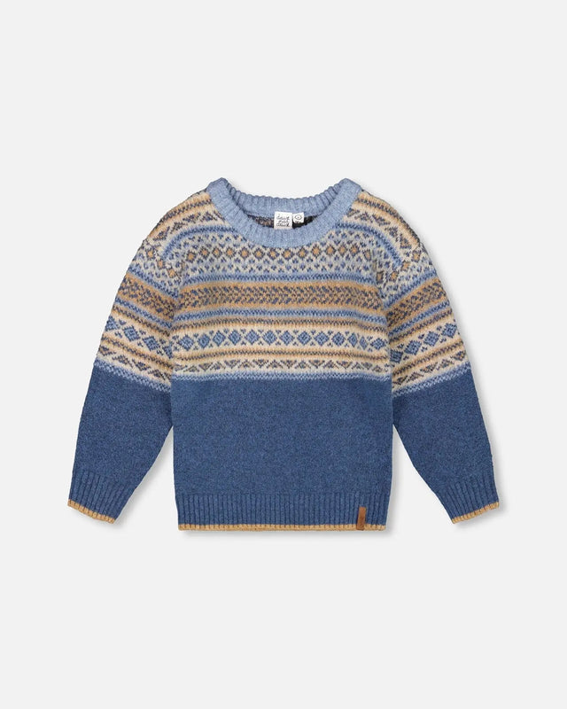 Norwegian Jacquard Knit Sweater Blue And Cream | Deux par Deux | Jenni Kidz