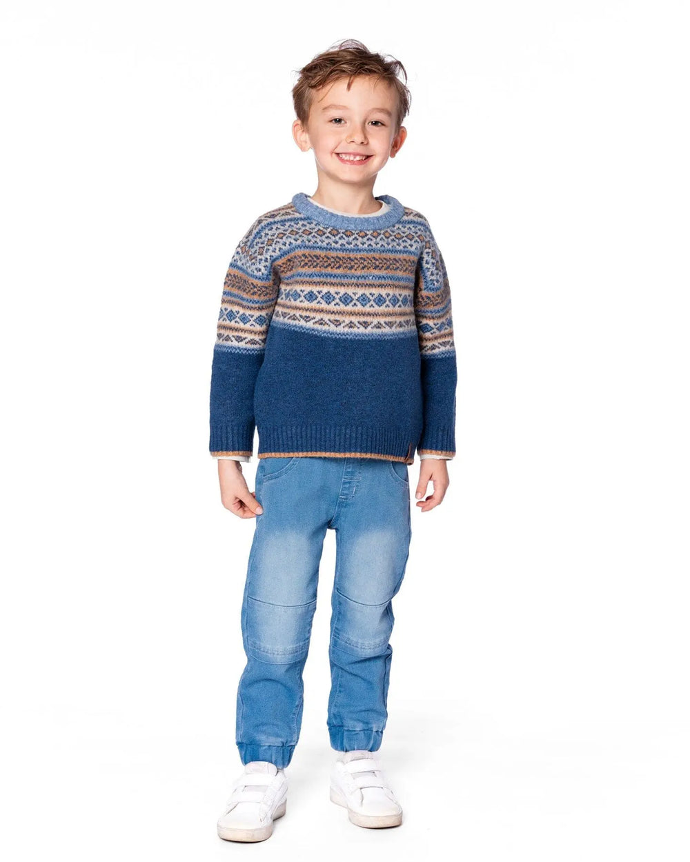 Norwegian Jacquard Knit Sweater Blue And Cream | Deux par Deux | Jenni Kidz