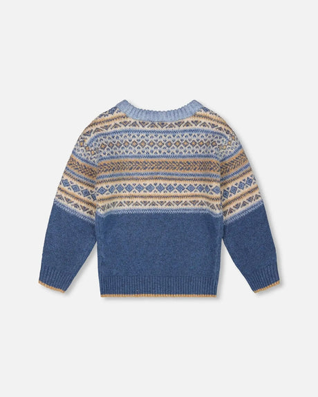 Norwegian Jacquard Knit Sweater Blue And Cream | Deux par Deux | Jenni Kidz
