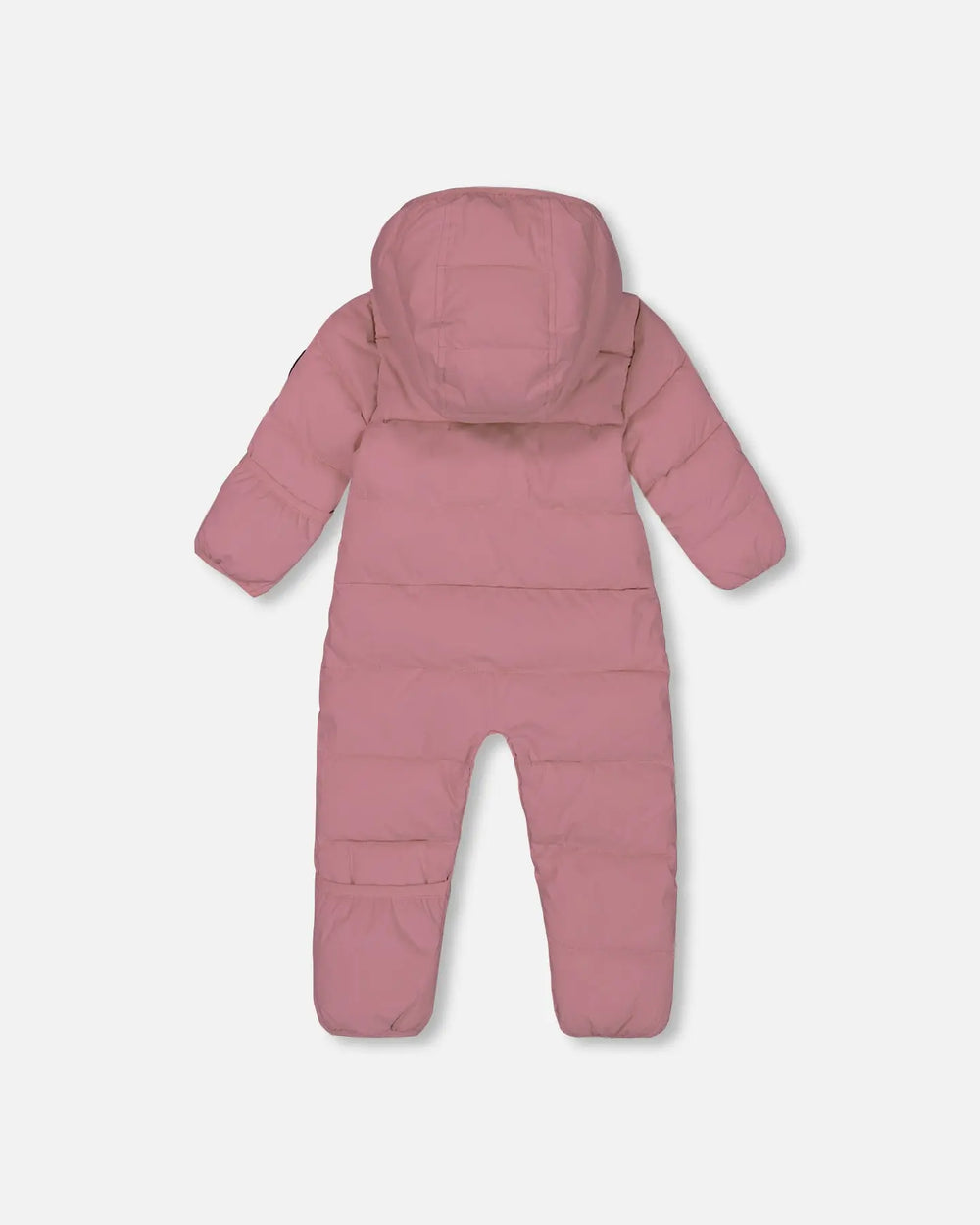 Back view of Deux Par Deux one-piece baby snowsuit dusty pink