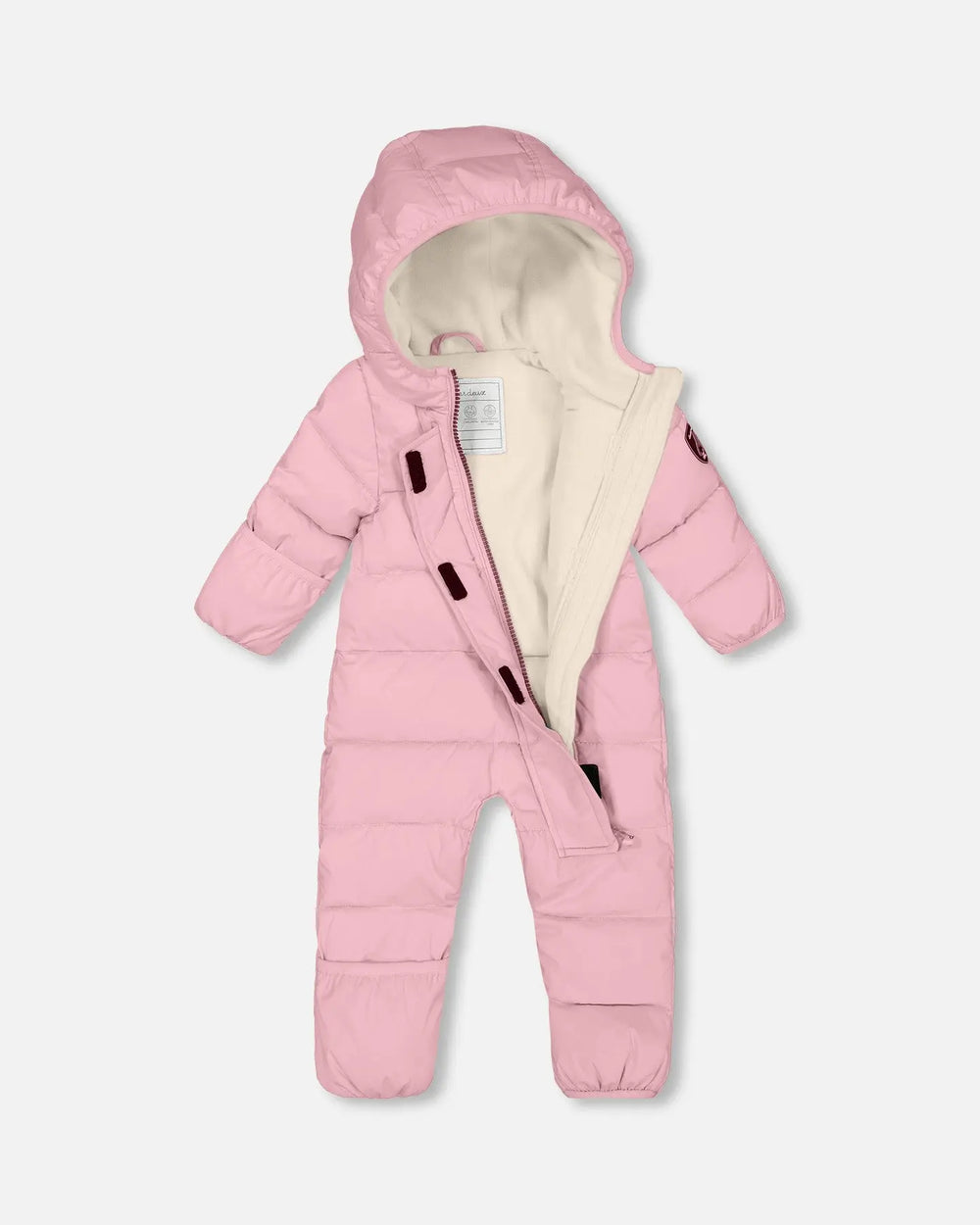 Infant in Baby Cloud car seat–friendly pink snowsuit with hood