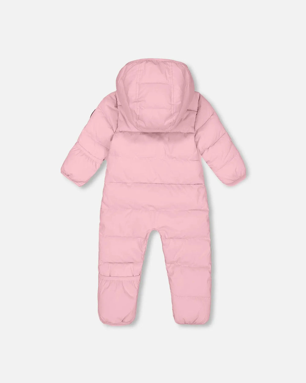 Back view of compressible baby car seat snowsuit pink