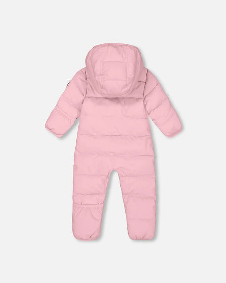 Back view of compressible baby car seat snowsuit pink